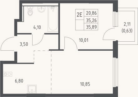 Планировка: 2-к, 35,3 м²