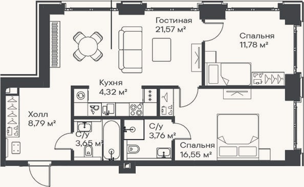 Планировка: 3-к, 70,4 м²