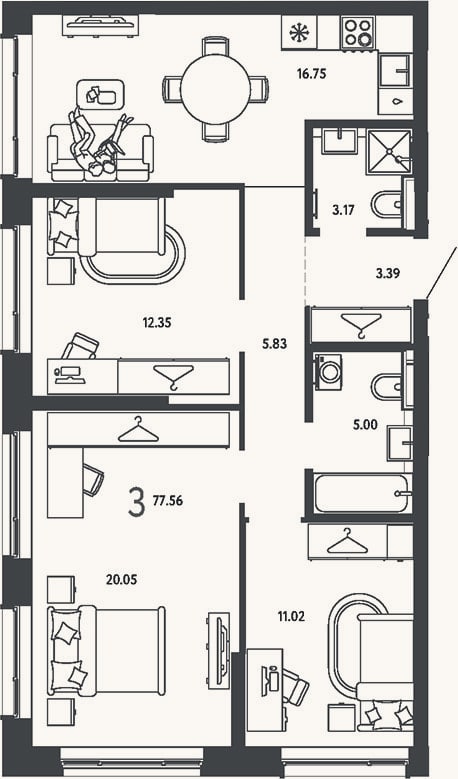 Планировка: 3-к, 77,6 м²