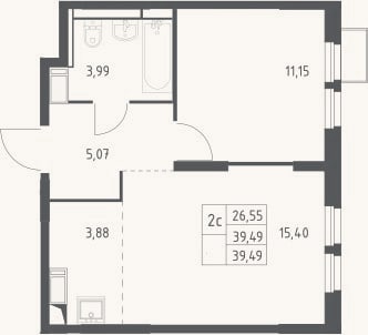 Планировка: 2-к, 39,5 м²