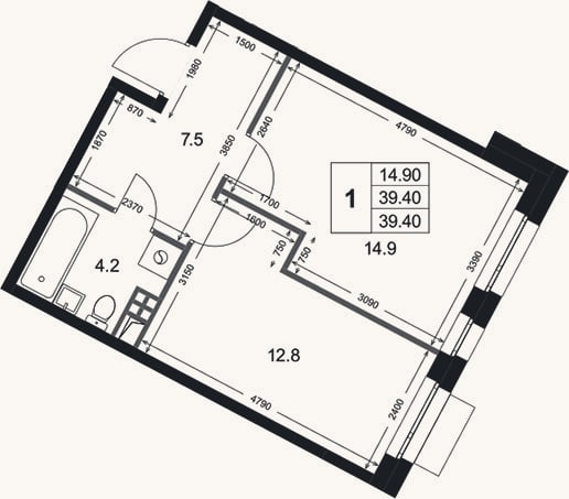Планировка: 1-к, 39,4 м²