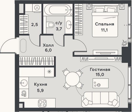 Планировка: 2-к, 44,2 м²