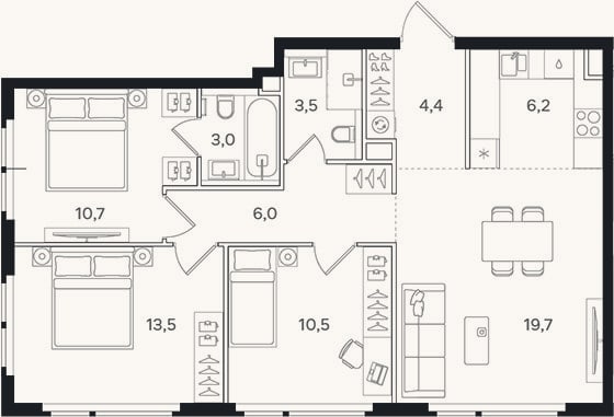Планировка: 4+ к, 77,5 м²