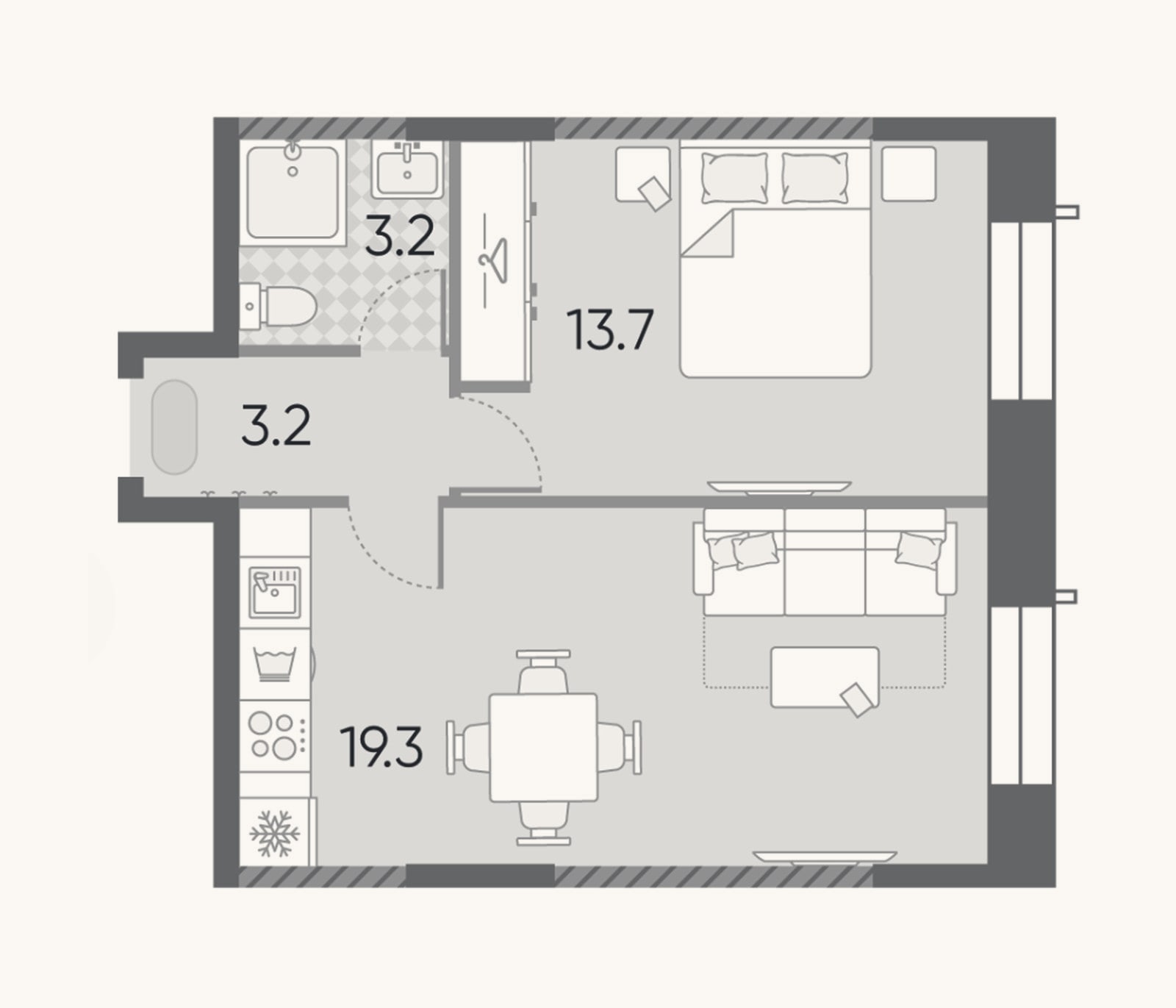 Планировка: 2-к, 39,4 м²