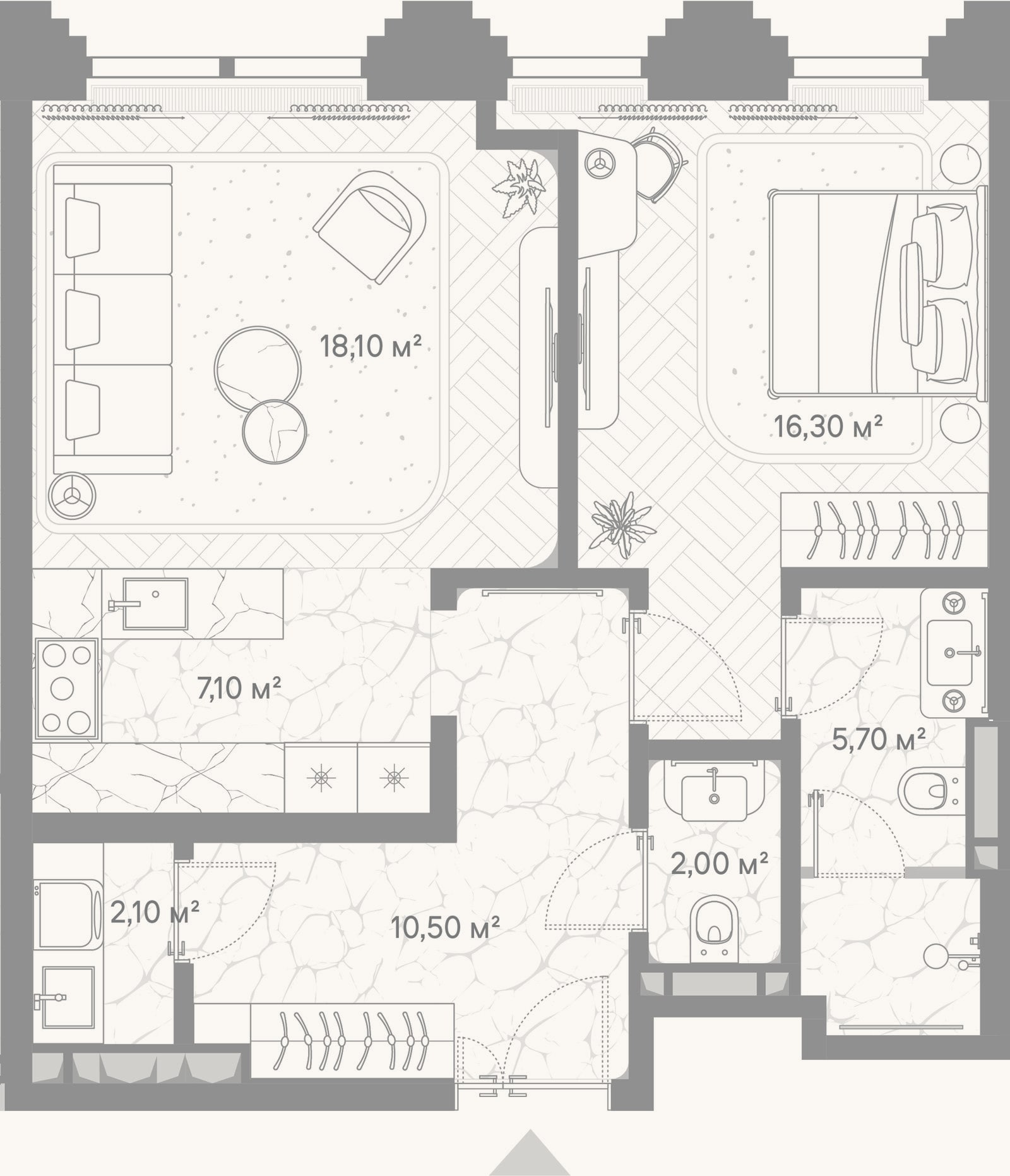 Планировка: 1-к, 61,7 м²
