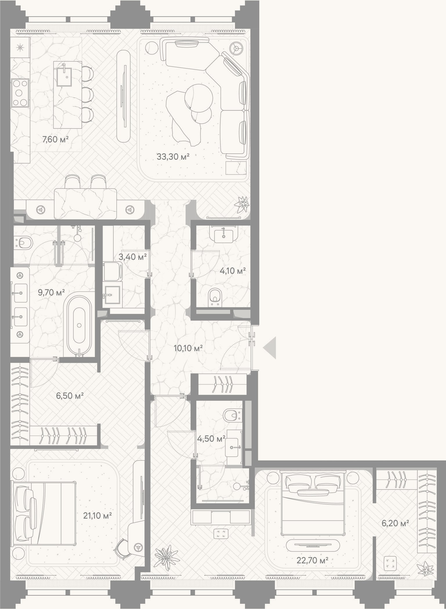 Планировка: 2-к, 129,2 м²