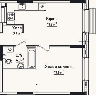 Планировка: 1-к, 43 м²