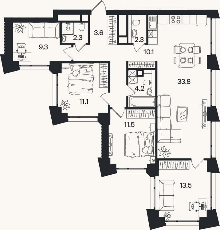 Планировка: 4+ к, 101,7 м²