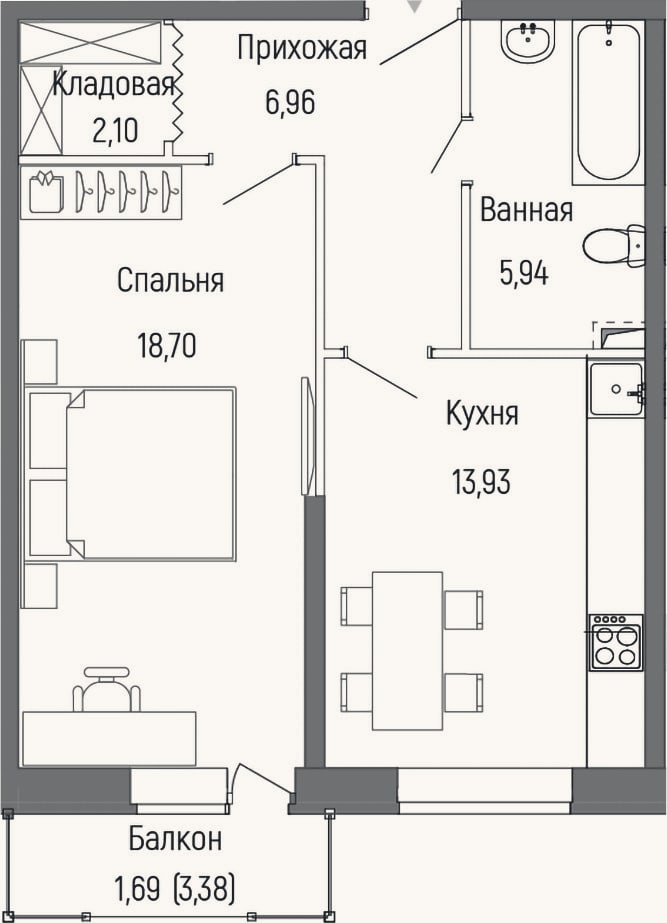 Планировка: 1-к, 47,6 м²