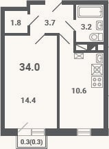 Планировка: 1-к, 33,7 м²