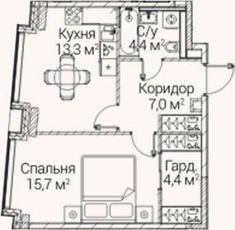 Планировка: 1-к, 44,8 м²
