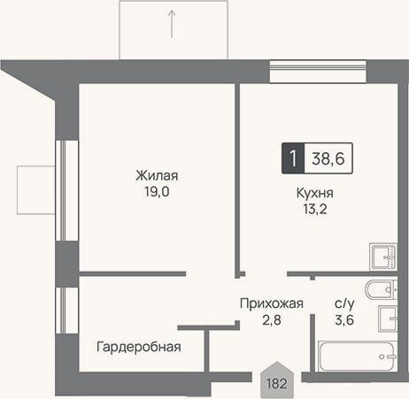 Планировка: 1-к, 38,6 м²