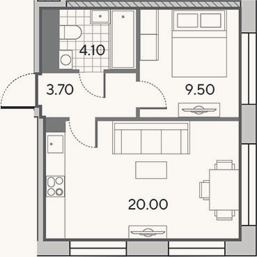 Планировка: 2-к, 37,3 м²