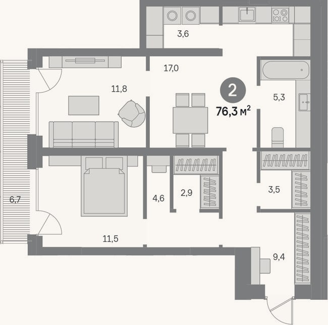 Планировка: 2-к, 69,6 м²