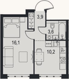 Планировка: 1-к, 33,8 м²