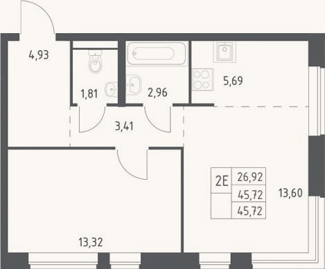 Планировка: 2-к, 45,7 м²