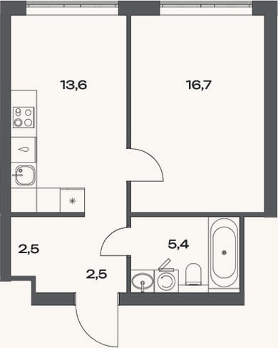Планировка: 1-к, 40,7 м²