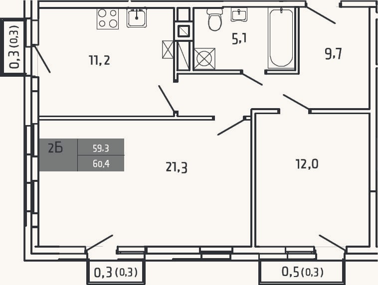 Планировка: 2-к, 59,3 м²