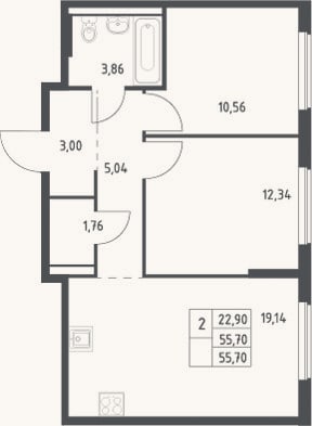 Планировка: 3-к, 55,7 м²