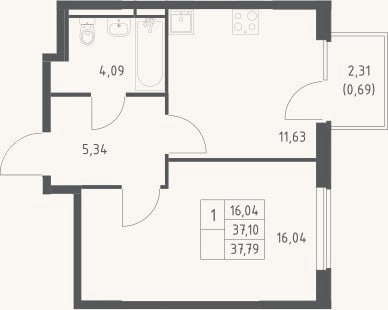 Планировка: 1-к, 37,1 м²
