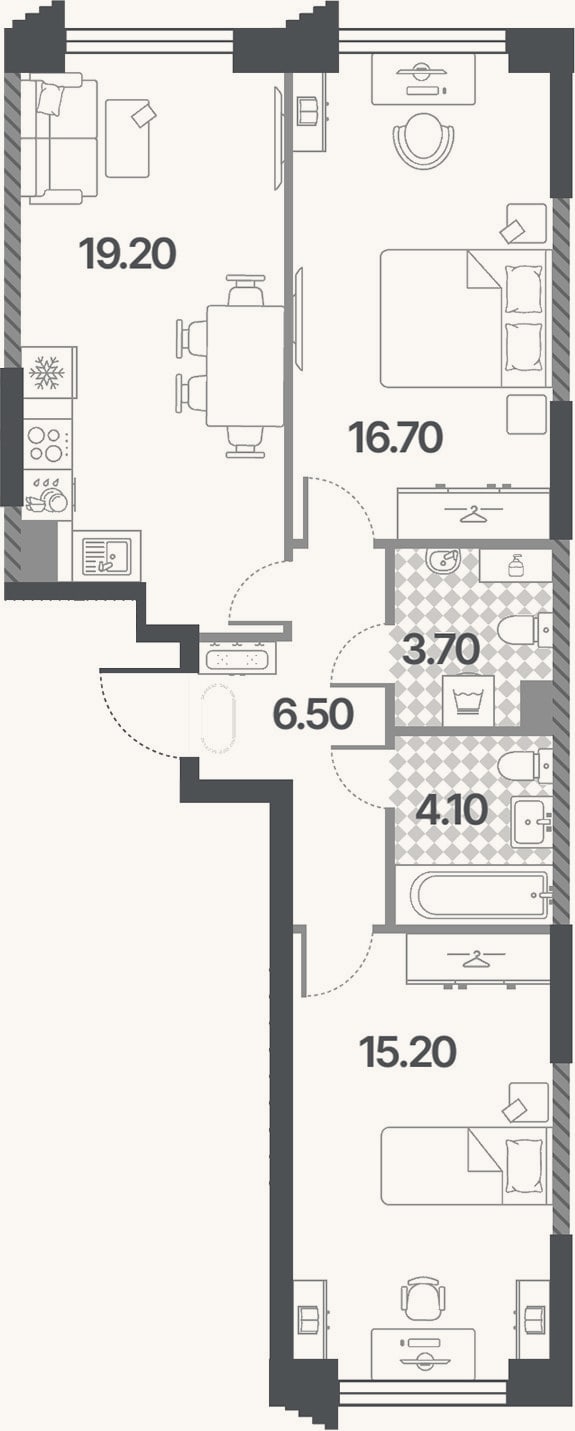 Планировка: 3-к, 65,4 м²