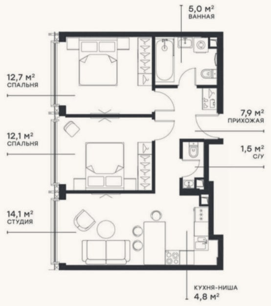 Планировка: 3-к, 58,1 м²