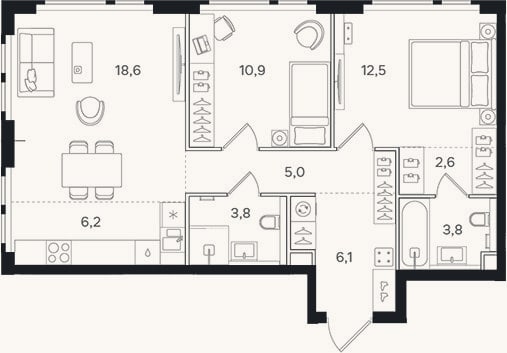 Планировка: 3-к, 69,5 м²