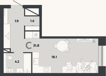 Планировка: Студия, 31,8 м²