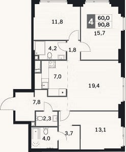 Планировка: 4+ к, 90,8 м²