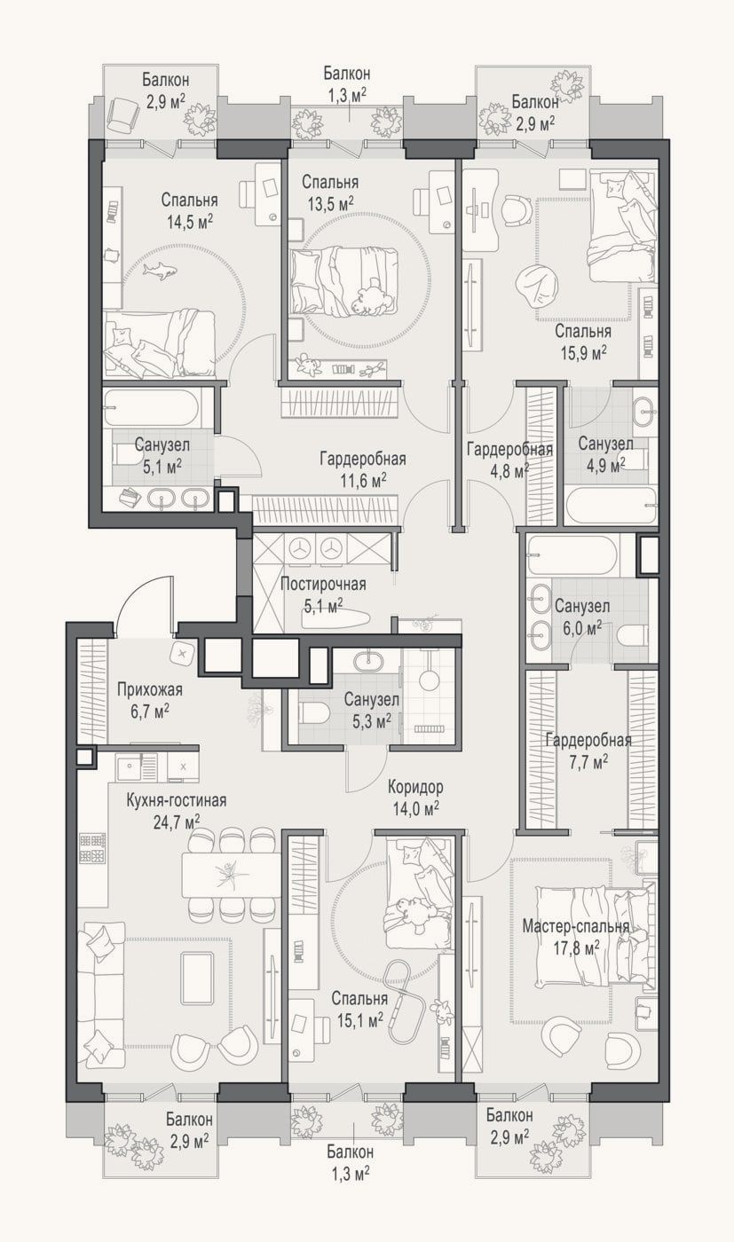 Планировка: 4+ к, 176 м²