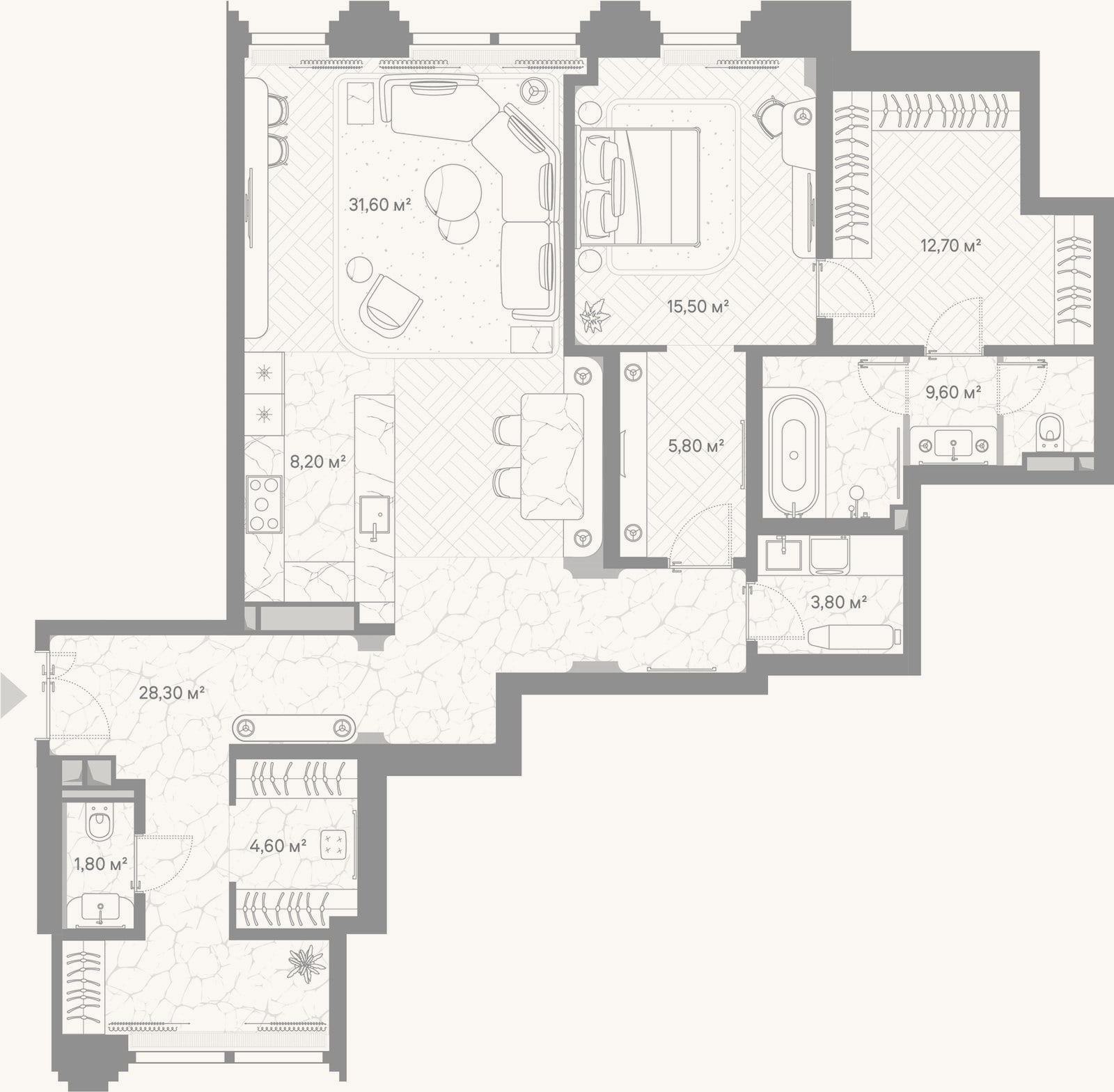 Планировка: 1-к, 121,9 м²