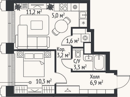Планировка: 2-к, 41,5 м²
