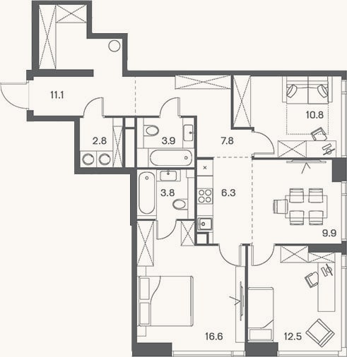 Планировка: 4+ к, 85,5 м²