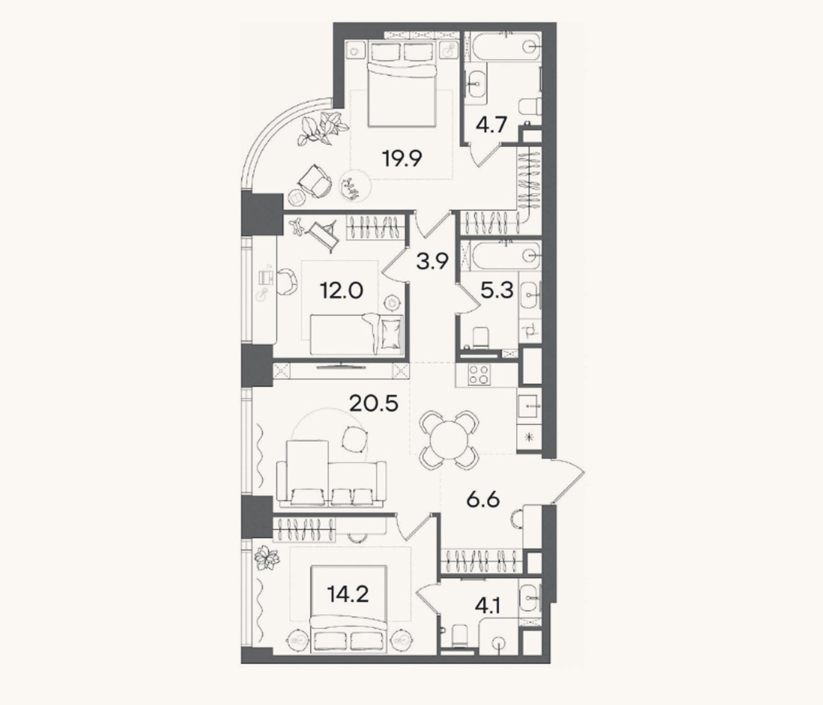 Планировка: 4+ к, 91,2 м²