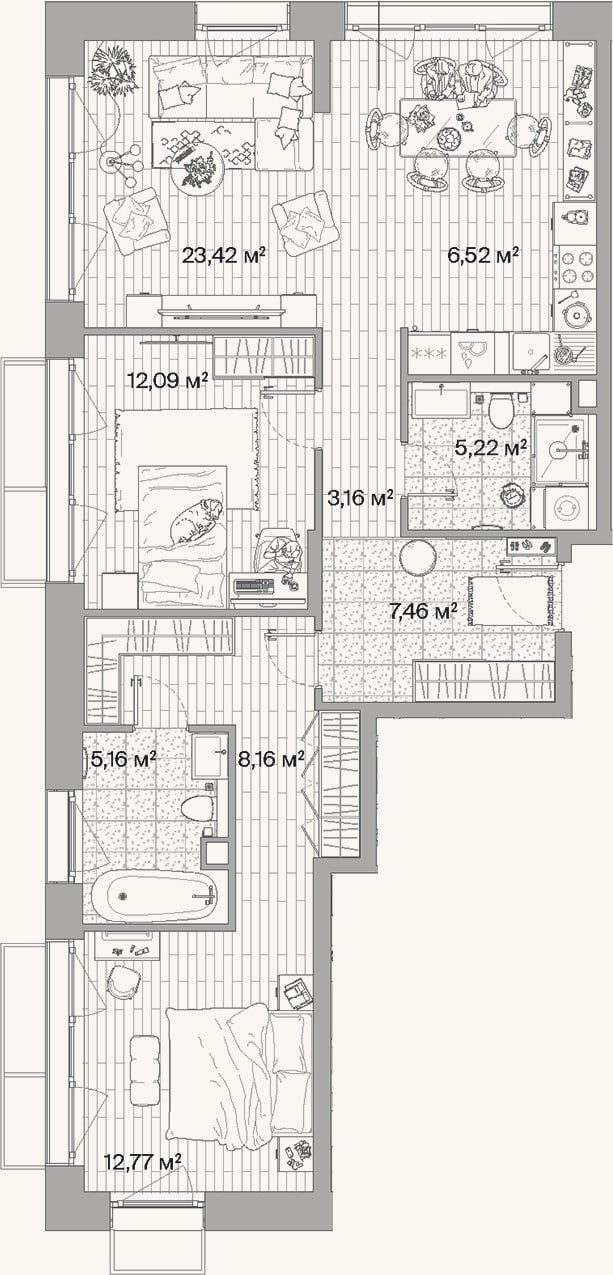 Планировка: 3-к, 84 м²