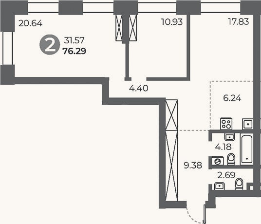 Планировка: 2-к, 76,3 м²