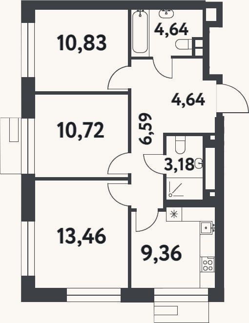 Планировка: 3-к, 63,4 м²
