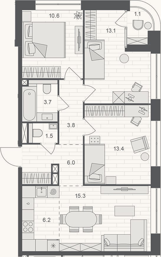 Планировка: 4+ к, 73,1 м²
