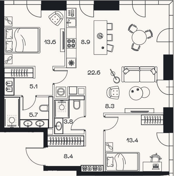 Планировка: 3-к, 90,7 м²