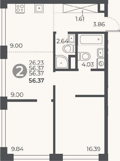 Планировка: 2-к, 56,4 м²