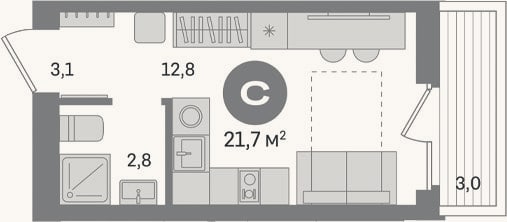 Планировка: Студия, 18,7 м²