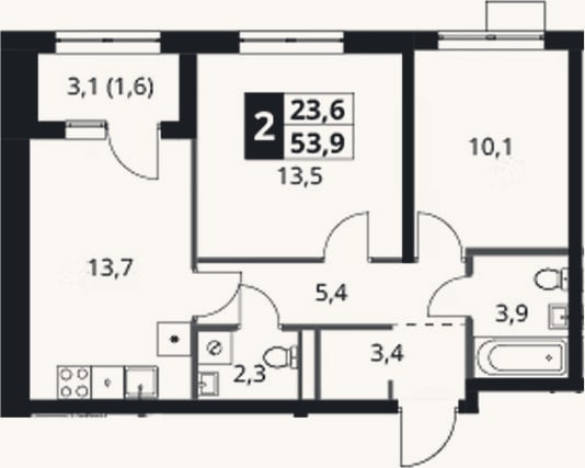 Планировка: 2-к, 52,3 м²