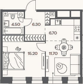 Планировка: 2-к, 44,4 м²