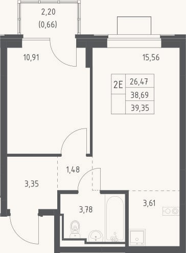 Планировка: 2-к, 38,7 м²