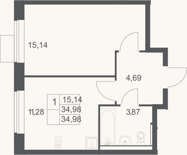 Планировка: 1-к, 35 м²
