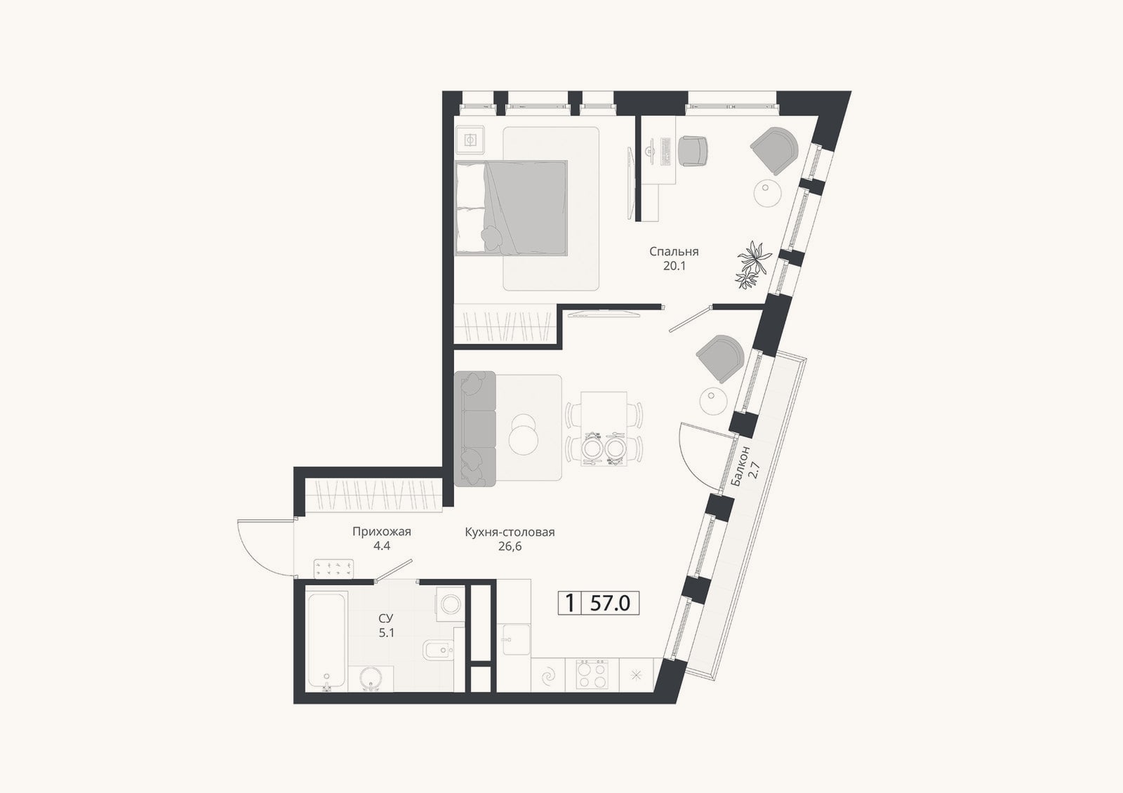 Планировка: 2-к, 56,2 м²
