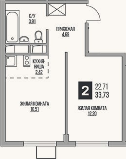 Планировка: 2-к, 33,7 м²