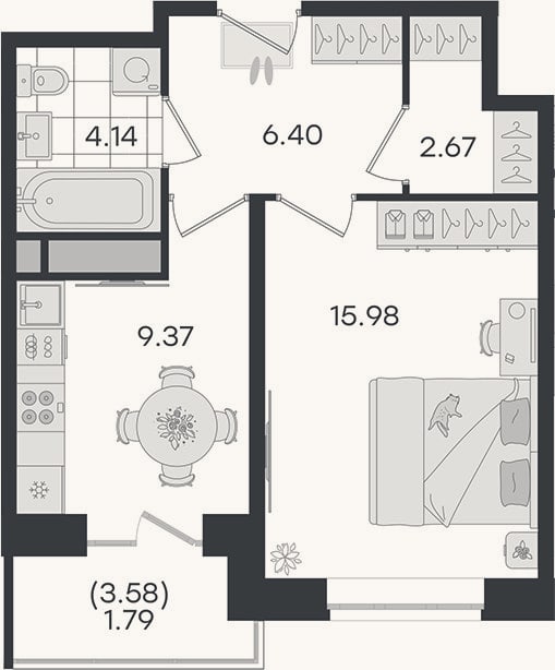 Планировка: 1-к, 38,6 м²