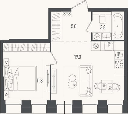 Планировка: 2-к, 39,6 м²