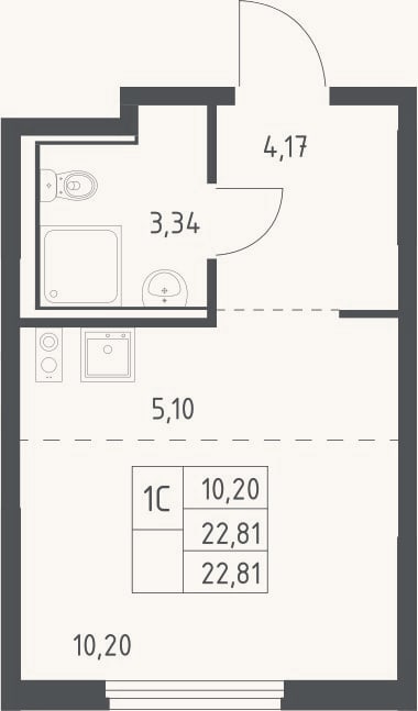 Планировка: Студия, 22,8 м²
